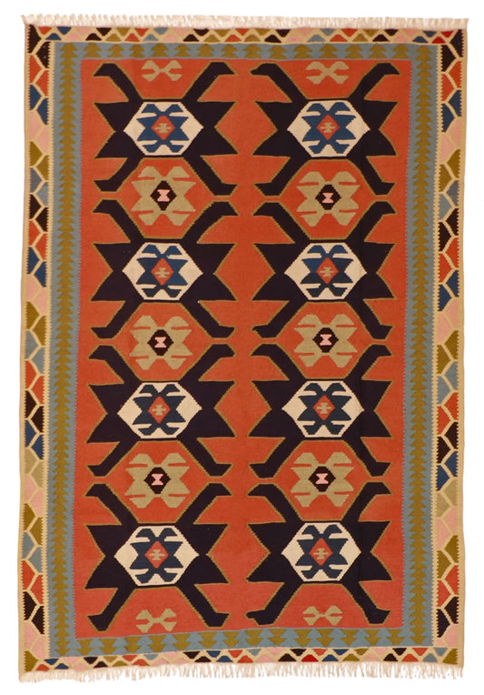 6 x 8.8 - Kilim Wool Geometric Rectangle - Finest Hand-Knotted Quality Wool — 11790