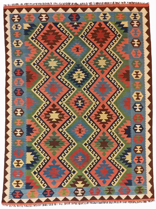 W 8.4 - L 11.1 - Kilim Wool Geometric Rectangle - Finest Hand-Made Quality Wool - 13388