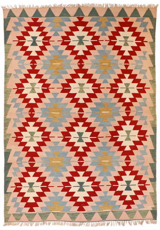 W 8.4 - L 11.8 - Kilim Wool Geometric Rectangle - Finest Hand-Made Quality Wool - 14928