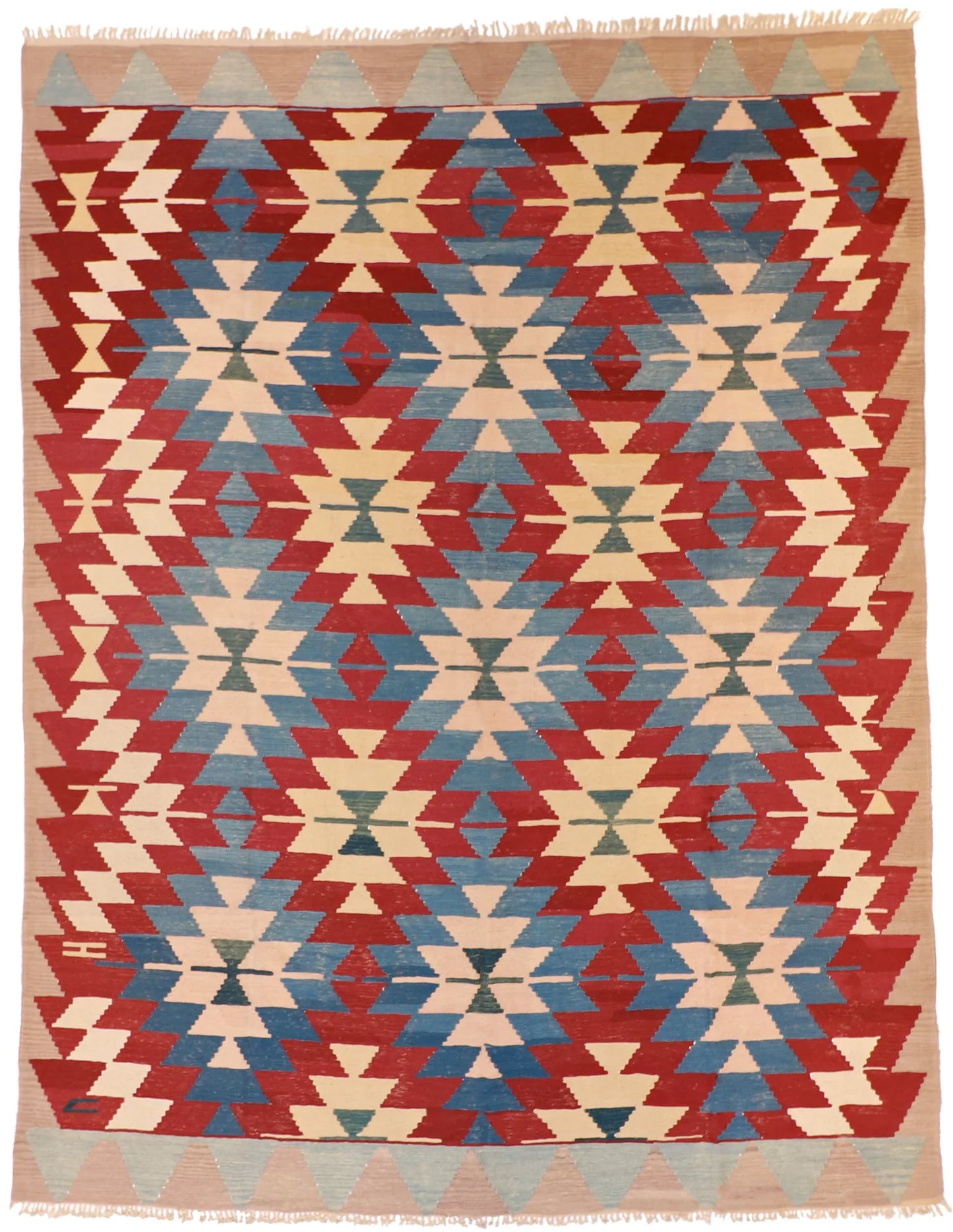 9 x 11.9 - Kilim Wool Geometric Rectangle - Finest Hand-Knotted Quality Wool — 3338