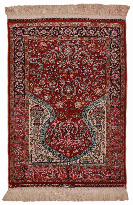 W 2.2 - L 3.2 - Hereke Fine/Silk Floral Rectangle - Finest Hand-Knotted Quality Silk - 61719