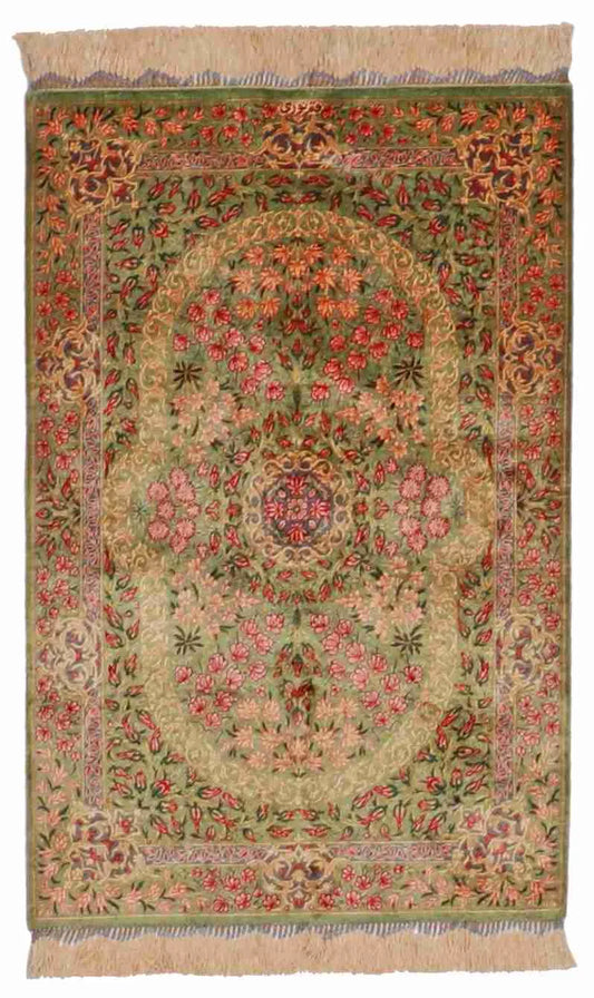 2 x 3 - Qum Fine/Silk Floral Rectangle - Finest Hand-Knotted Quality Silk - 62513