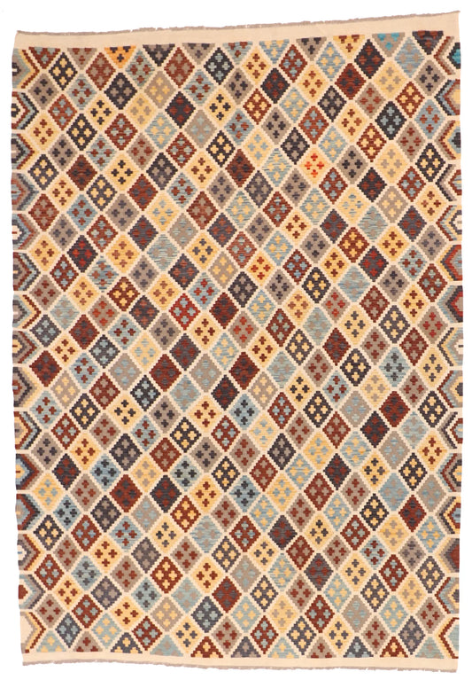 W 6.7 - L 9.4 - Kilim Fine/Wool All Over Rectangle - Finest Hand-Made Quality Wool - 63733