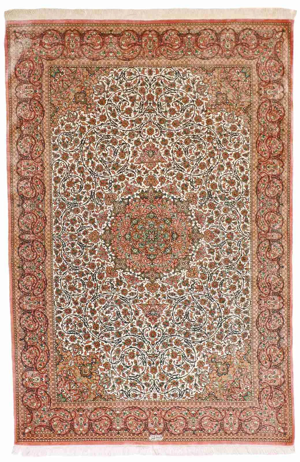 4.4 x 6.6 - Qum Fine/Silk Floral Rectangle - Finest Hand-Knotted Quality Wool — 64414