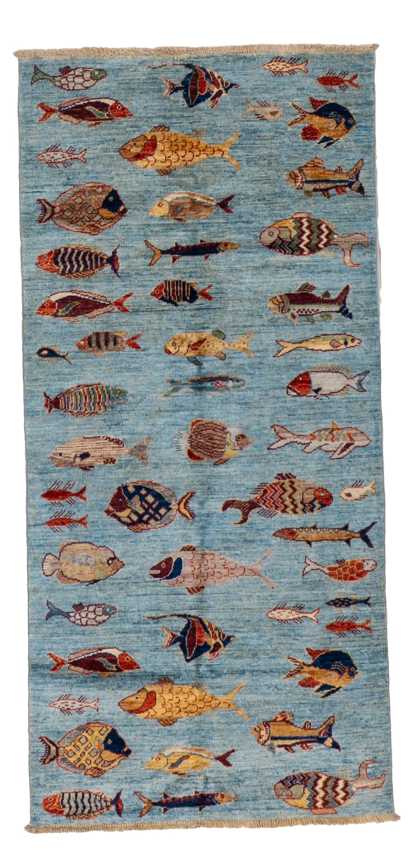W 2.9 L 5.9 Fish 100% Wool Hand-Woven All-Over Design - 66722