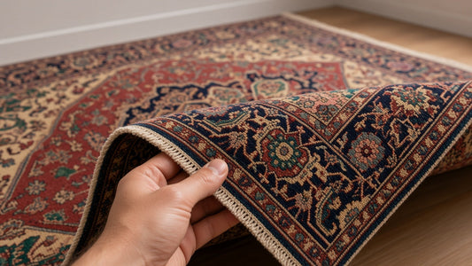 A hand lifts the corner of a rust and navy Heriz rug, showing the wool pile and stepped medallion.