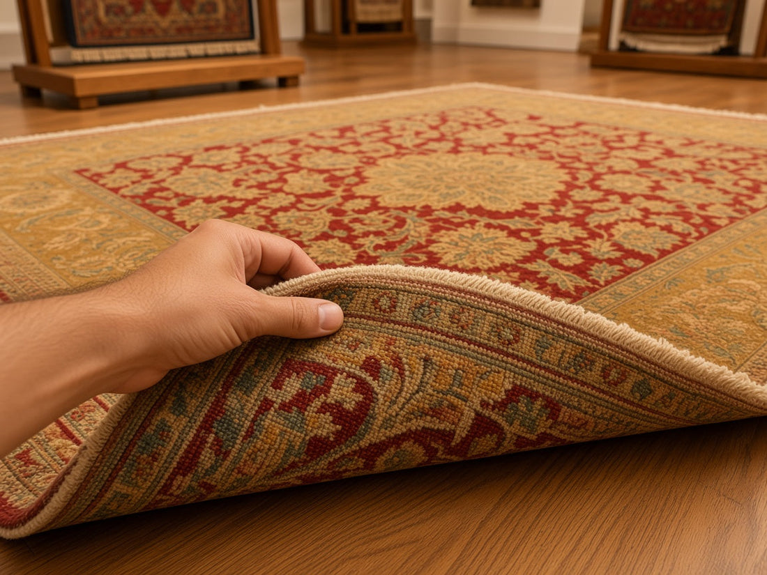 A hand lifts the corner of a crimson Kashan rug, showing the wool pile and the lobed floral medallion.