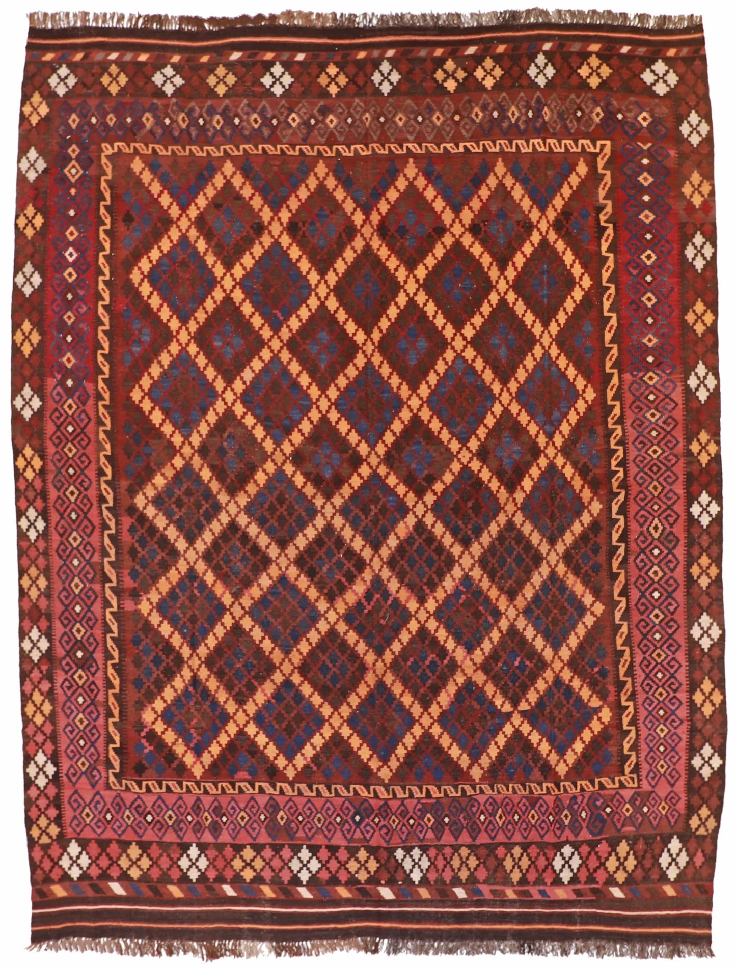 W 9.9 - L 12.7 - Kilim Wool Geometric Rectangle - Finest Hand-Made Quality Wool - 10604