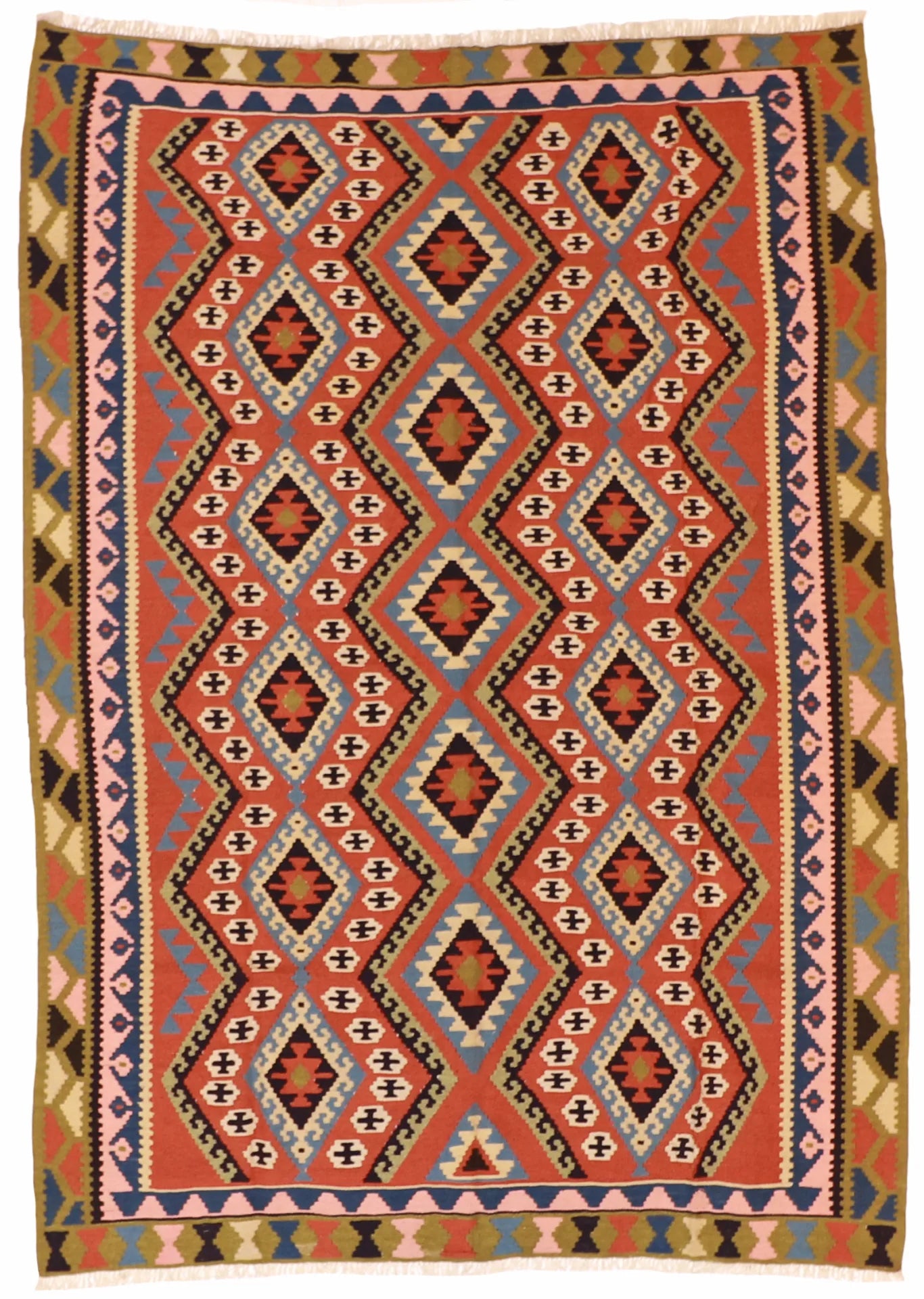 6.6 x 9 - Kilim Wool Geometric Rectangle - Finest Hand-Knotted Quality Wool — 11789