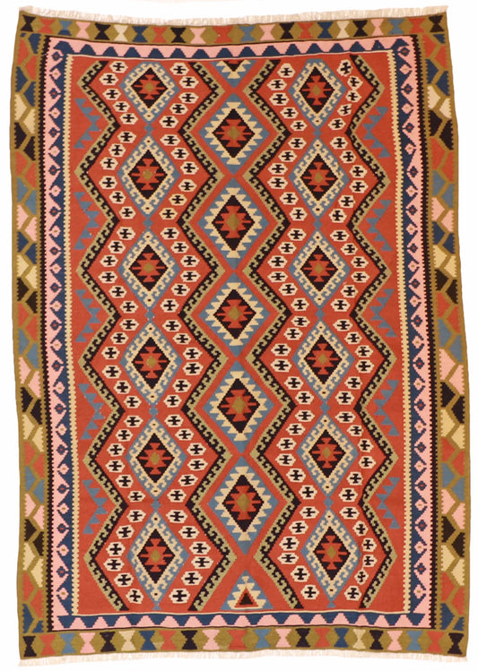 W 6.6 - L 9 - Kilim Wool Geometric Rectangle - Finest Hand-Made Quality Wool - 11789