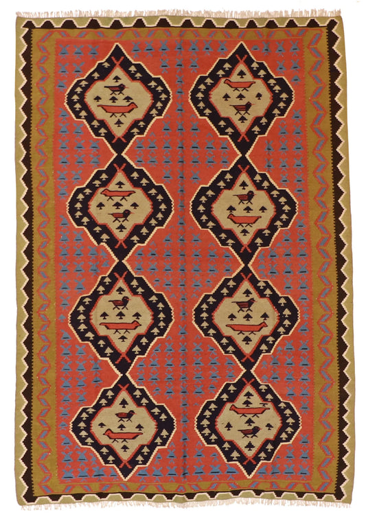 6.2 x 9.1 - Kilim Fine/Wool Geometric Rectangle - Finest Hand-Knotted Quality Wool — 11791