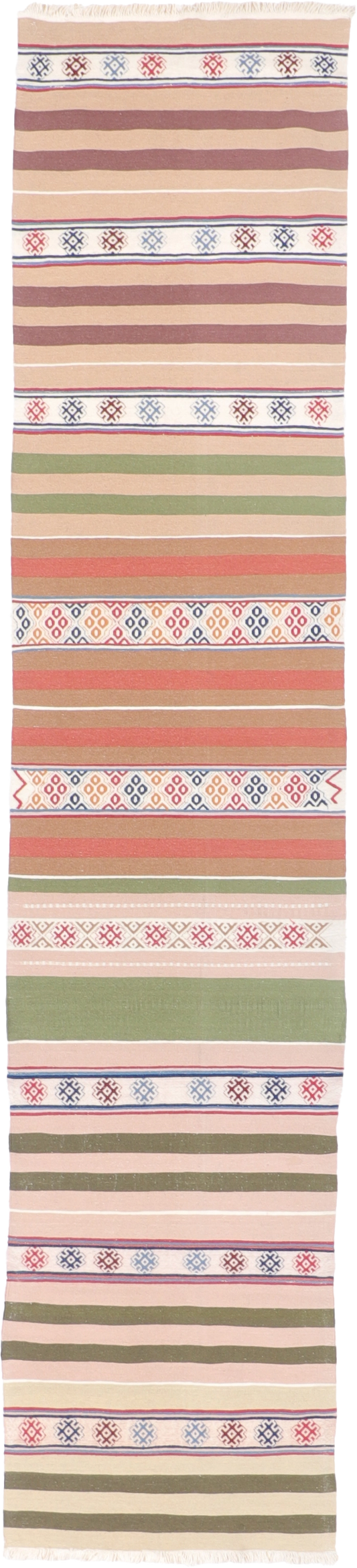 W 2.10 L 12.9 Kilim Runner 100% Wool Hand-Woven All-Over Design - 11971