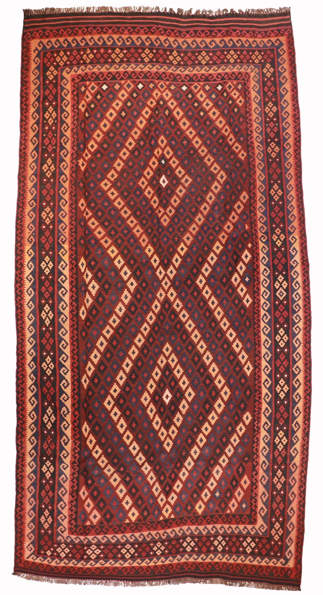 Modern Kilim in warm reds and umbers with subtle diamond lattice