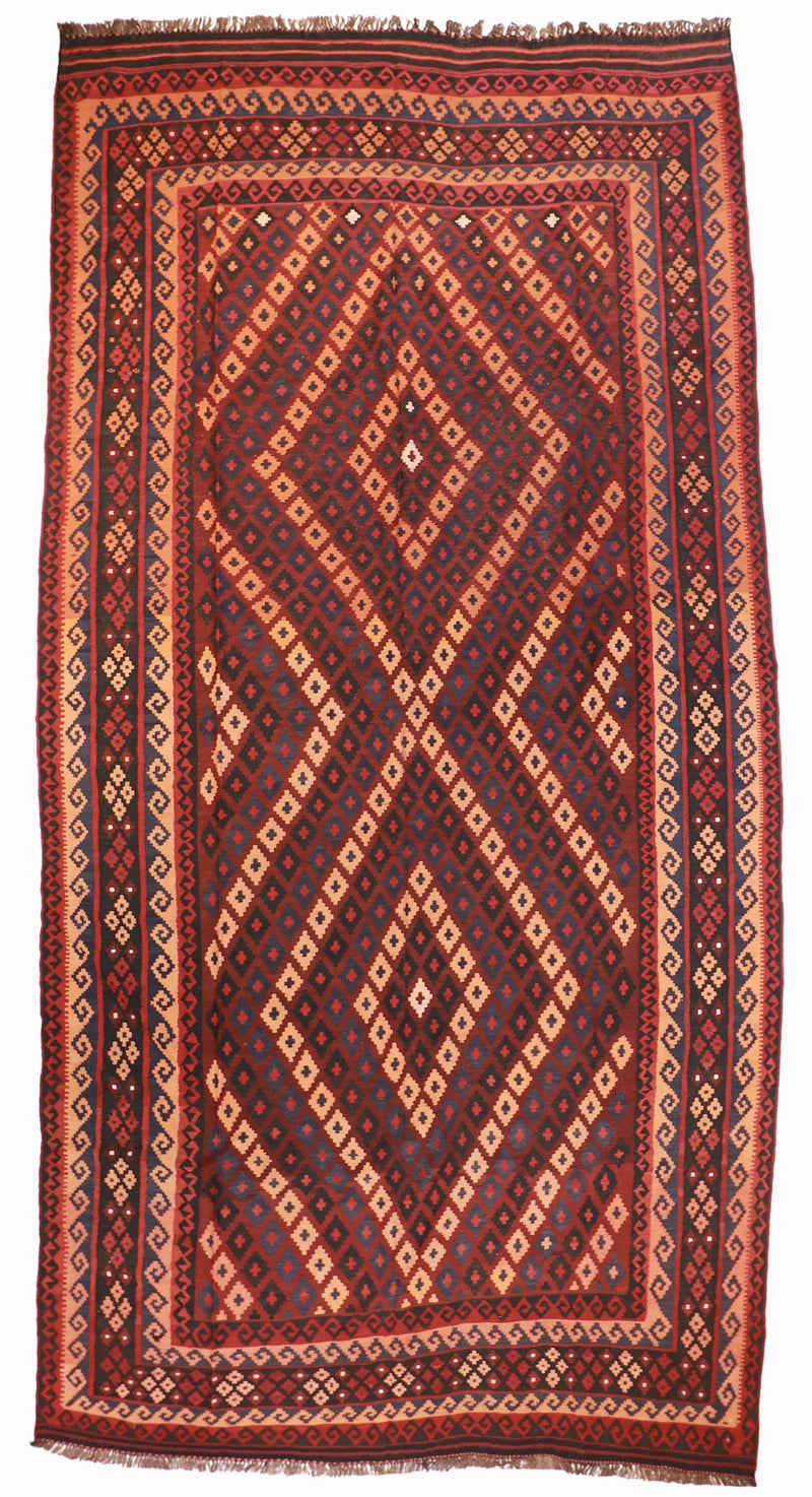 W 8.8 L 13.7 Kilim 100% Wool Hand-Woven Geometric Design - 13163