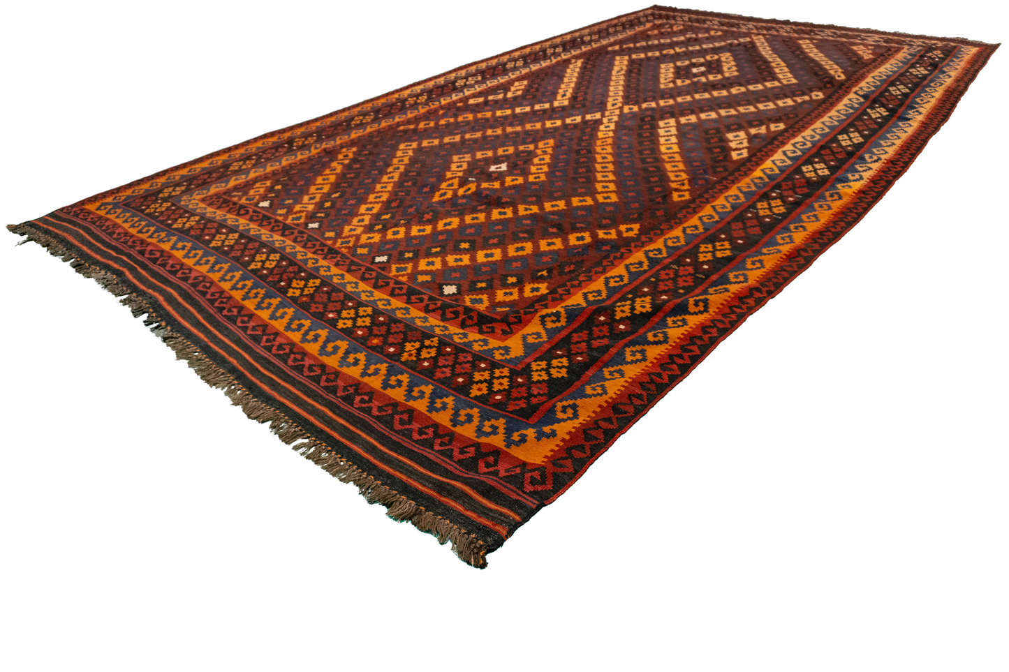 W 8.8 L 13.7 Kilim 100% Wool Hand-Woven Geometric Design - 13163
