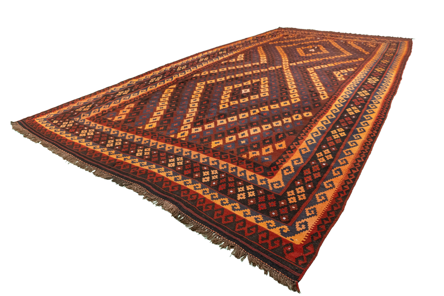 W 8.8 L 13.7 Kilim 100% Wool Hand-Woven Geometric Design - 13163