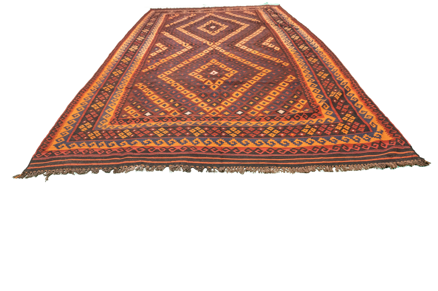 W 8.8 L 13.7 Kilim 100% Wool Hand-Woven Geometric Design - 13163