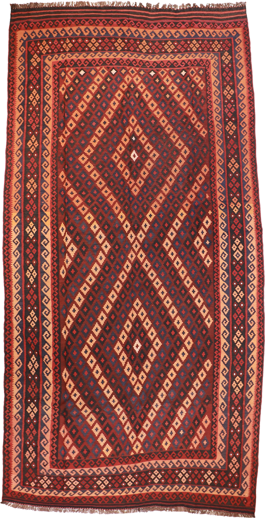 W 8.8 L 13.7 Kilim 100% Wool Hand-Woven Geometric Design - 13163