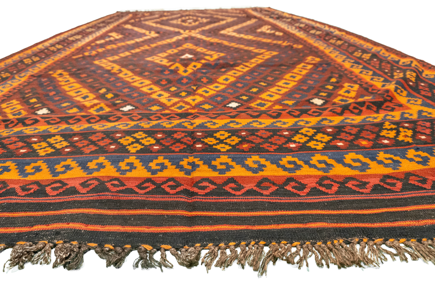 W 8.8 L 13.7 Kilim 100% Wool Hand-Woven Geometric Design - 13163