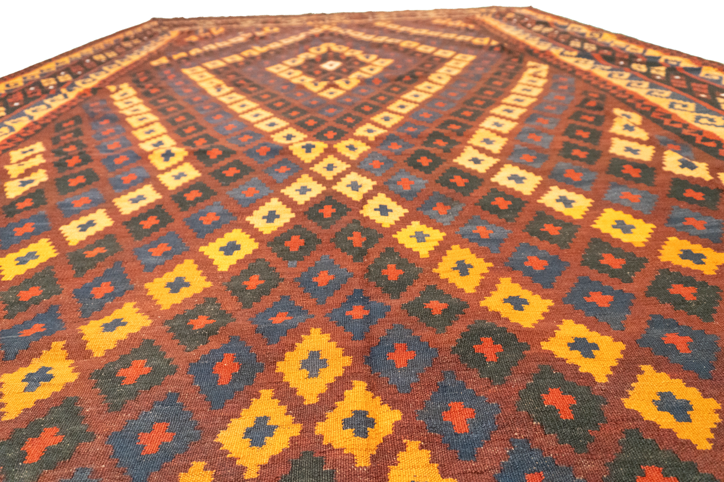 W 8.8 L 13.7 Kilim 100% Wool Hand-Woven Geometric Design - 13163