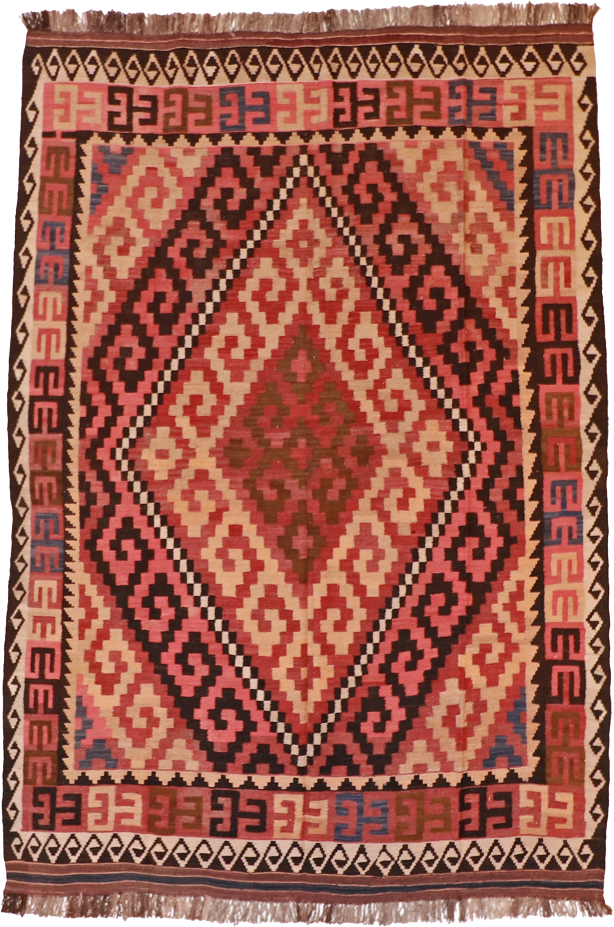 W 6.9 L 9.5 Kilim 100% Wool Hand-Woven Geometric Design - 13181