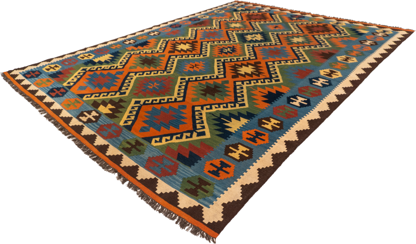 W 8.4 - L 11.1 - Kilim Wool Geometric Rectangle - Finest Hand-Made Quality Wool - 13388