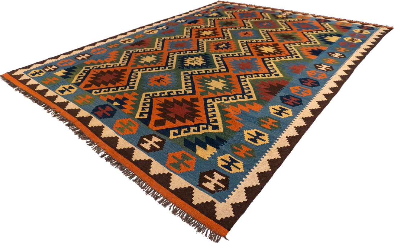 W 8.4 - L 11.1 - Kilim Wool Geometric Rectangle - Finest Hand-Made Quality Wool - 13388