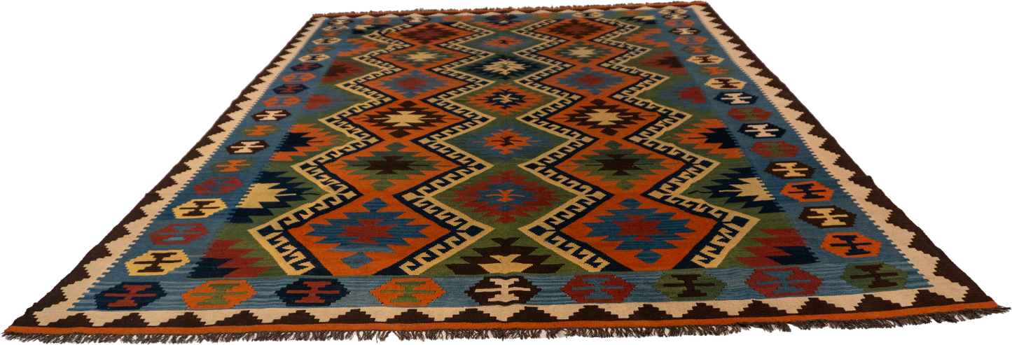 W 8.4 - L 11.1 - Kilim Wool Geometric Rectangle - Finest Hand-Made Quality Wool - 13388