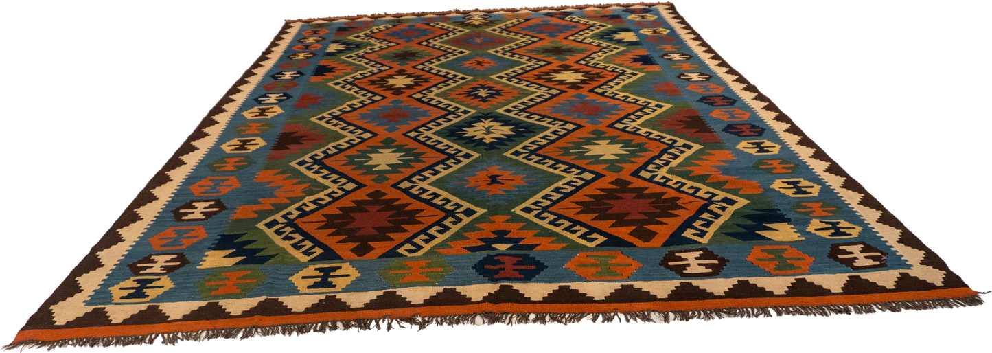 W 8.4 - L 11.1 - Kilim Wool Geometric Rectangle - Finest Hand-Made Quality Wool - 13388