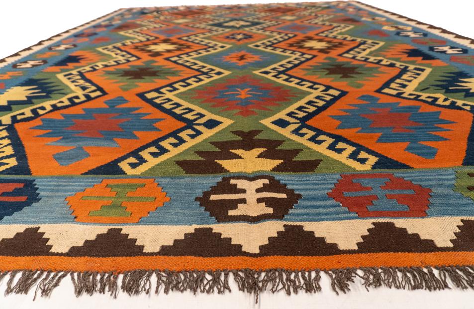 W 8.4 - L 11.1 - Kilim Wool Geometric Rectangle - Finest Hand-Made Quality Wool - 13388