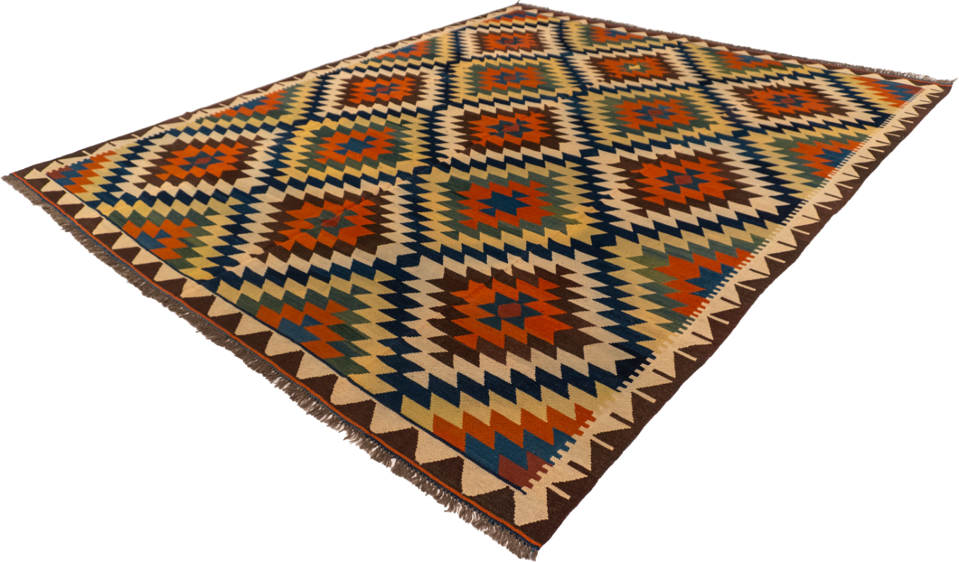 W 8.3 L 9.11 Kinora Kilim 100% Wool Hand-Woven Geometric Design - 13402
