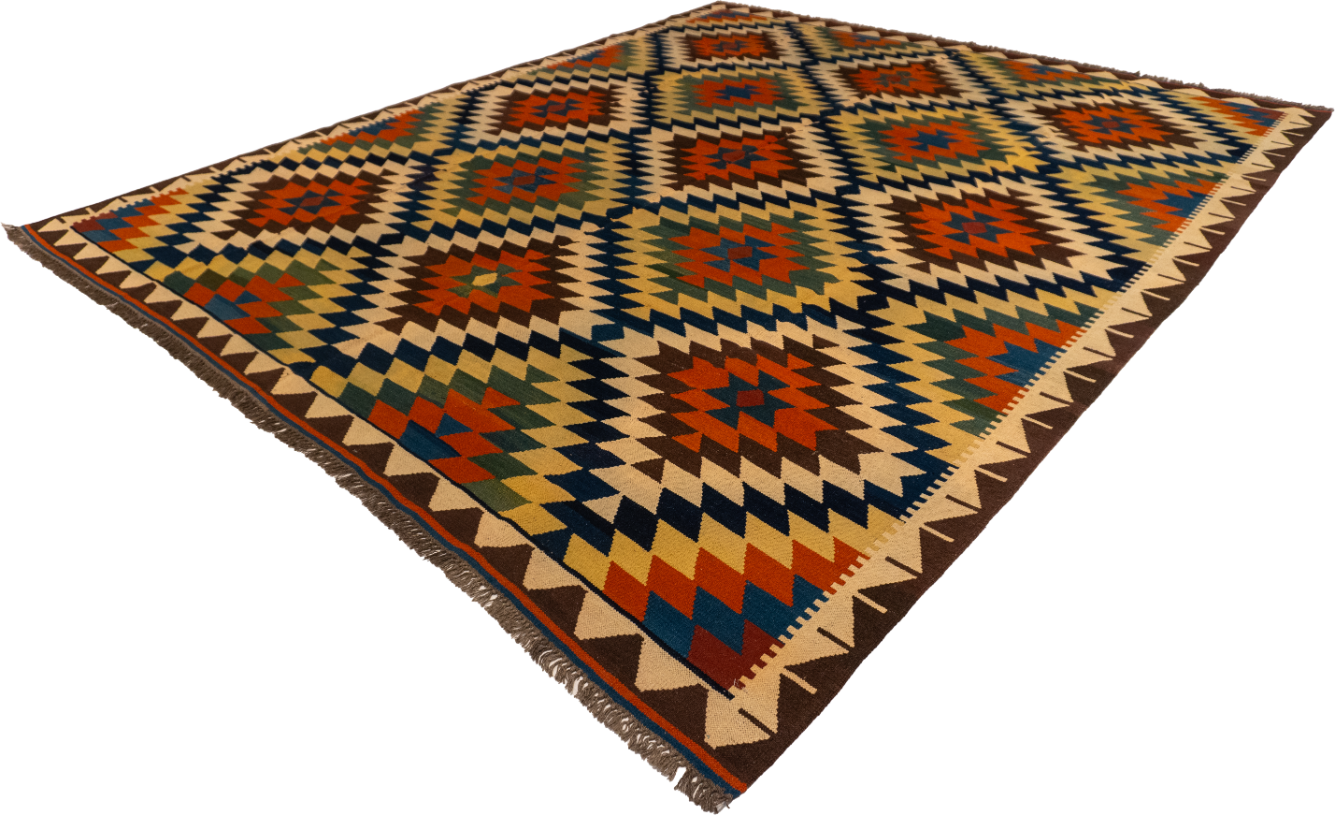 W 8.3 L 9.11 Kinora Kilim 100% Wool Hand-Woven Geometric Design - 13402