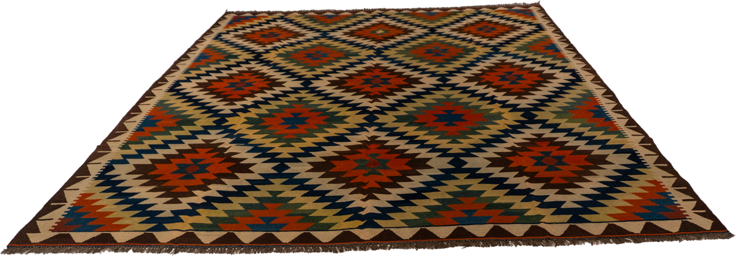 W 8.3 L 9.11 Kinora Kilim 100% Wool Hand-Woven Geometric Design - 13402