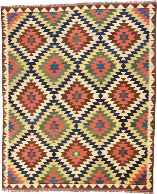 W 8.3 L 9.11 Kinora Kilim 100% Wool Hand-Woven Geometric Design - 13402