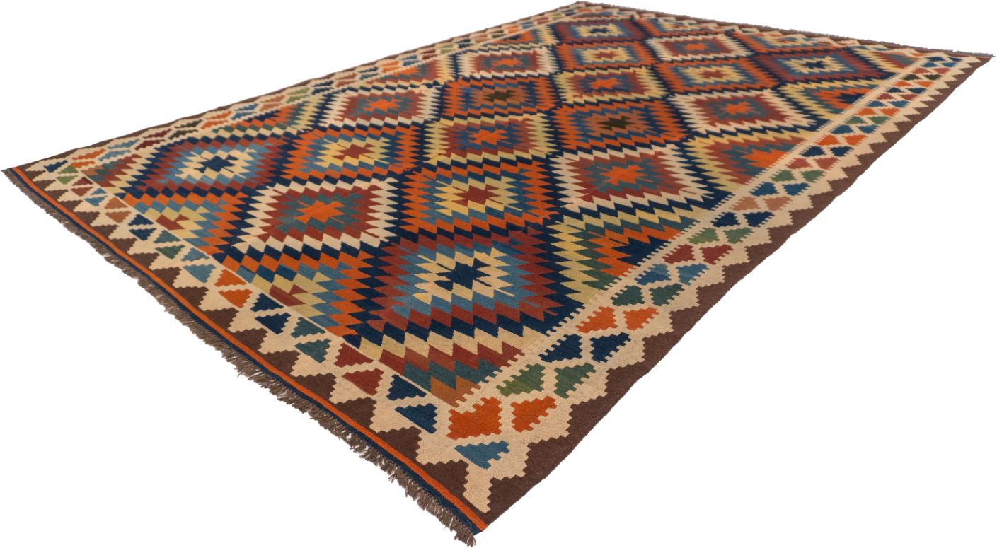 W 9.6 - L 13.6 - Kilim Wool Geometric Rectangle - Finest Hand-Made Quality Wool - 13492