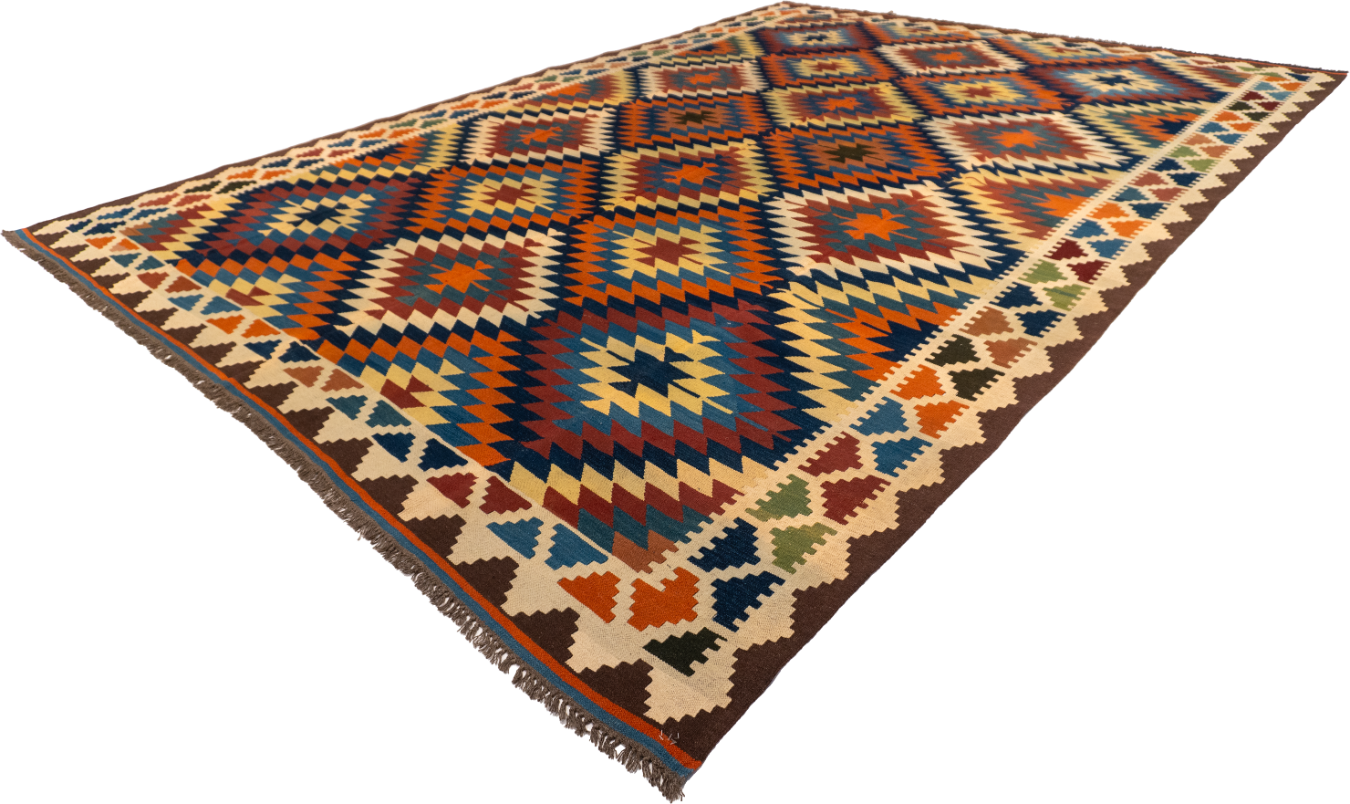 W 9.6 - L 13.6 - Kilim Wool Geometric Rectangle - Finest Hand-Made Quality Wool - 13492