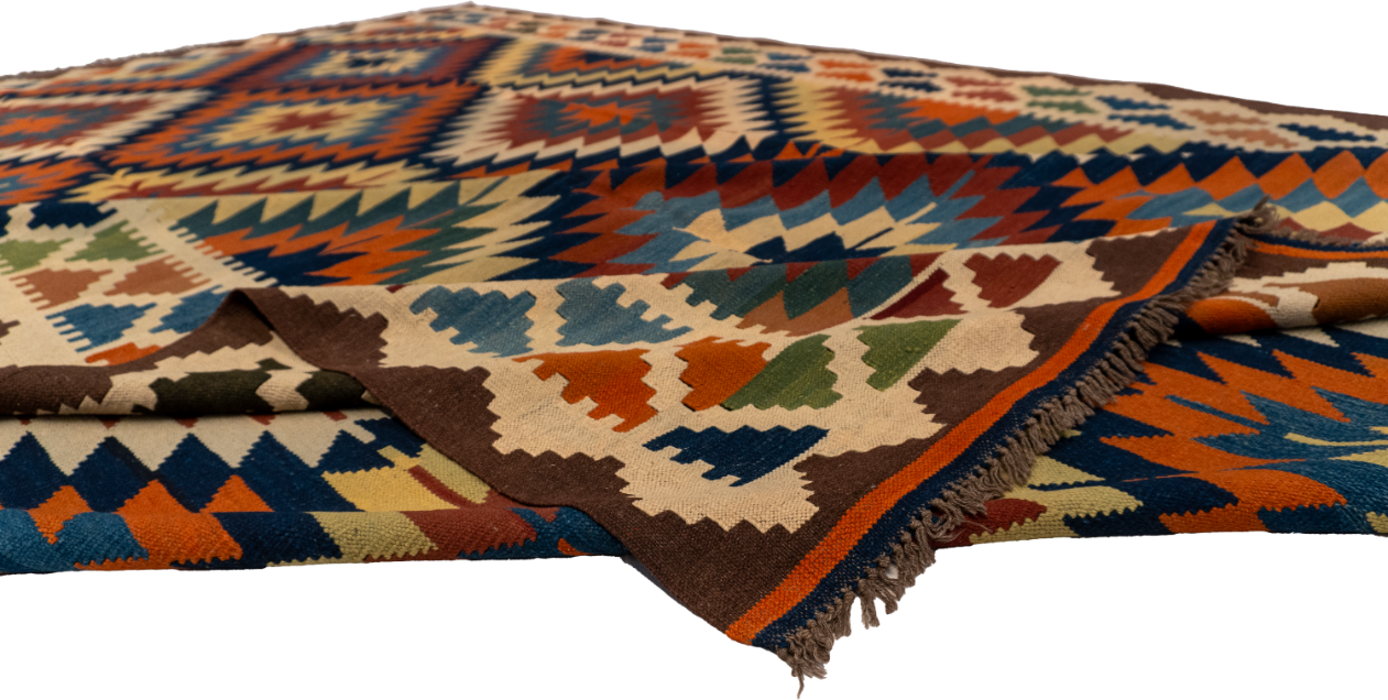 W 9.6 - L 13.6 - Kilim Wool Geometric Rectangle - Finest Hand-Made Quality Wool - 13492