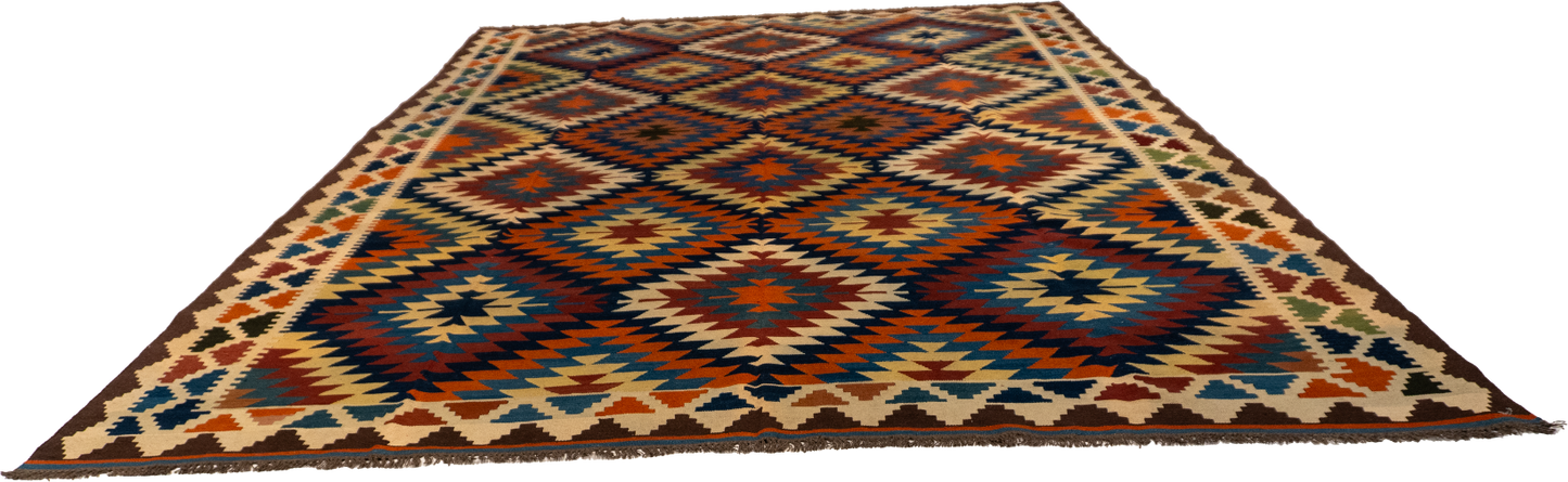W 9.6 - L 13.6 - Kilim Wool Geometric Rectangle - Finest Hand-Made Quality Wool - 13492