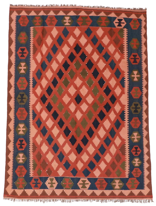 6.2 x 8.5 - Kilim Wool Geometric Rectangle - Finest Hand-Knotted Quality Wool — 13533