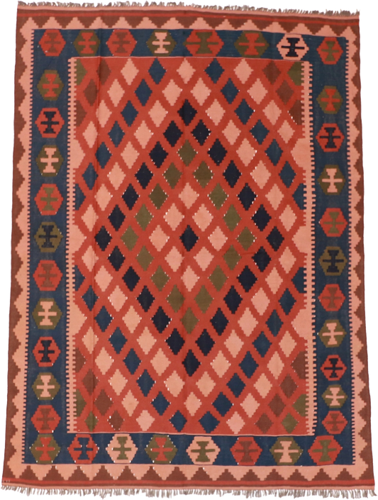 W 6.2 L 8.5 Kilim 100% Wool Hand-Woven Geometric Design - 13533