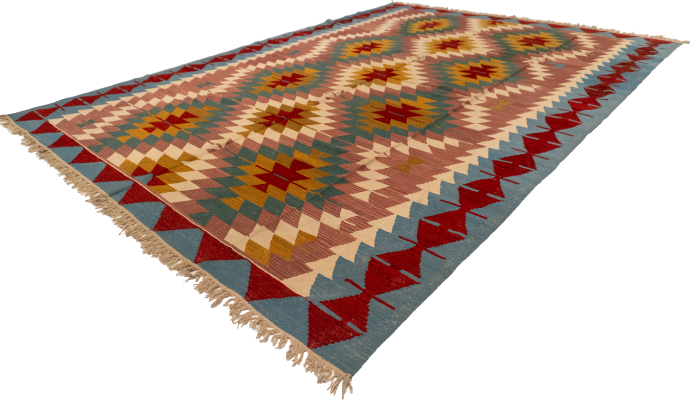 W 9.2 L 12.10 Kilim 100% Wool Hand-Woven Geometric Design - 14927