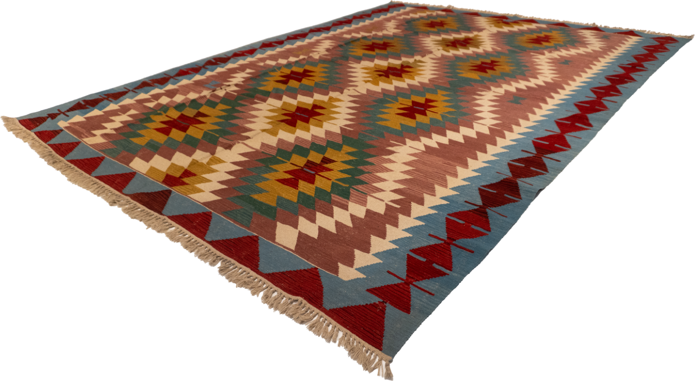 W 9.2 L 12.10 Kilim 100% Wool Hand-Woven Geometric Design - 14927
