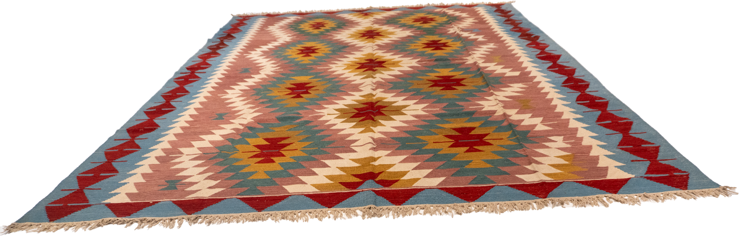 W 9.2 L 12.10 Kilim 100% Wool Hand-Woven Geometric Design - 14927