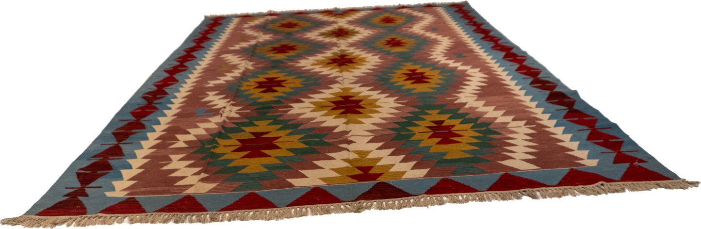 W 9.2 L 12.10 Kilim 100% Wool Hand-Woven Geometric Design - 14927