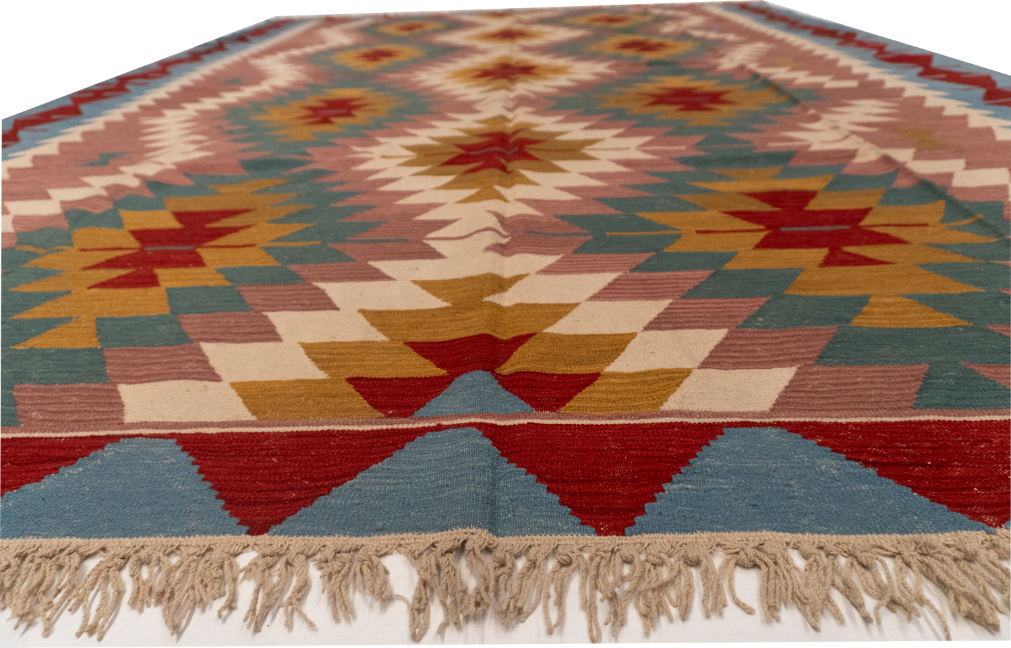 W 9.2 L 12.10 Kilim 100% Wool Hand-Woven Geometric Design - 14927