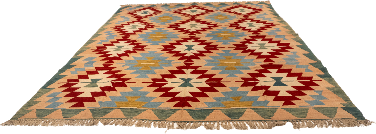 W 8.4 L 11.8 Kilim 100% Wool Hand-Woven Geometric Design - 14928