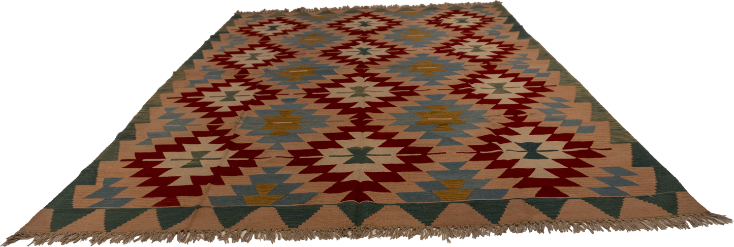 W 8.4 L 11.8 Kilim 100% Wool Hand-Woven Geometric Design - 14928
