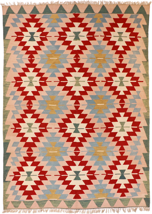 W 8.4 L 11.8 Kilim 100% Wool Hand-Woven Geometric Design - 14928