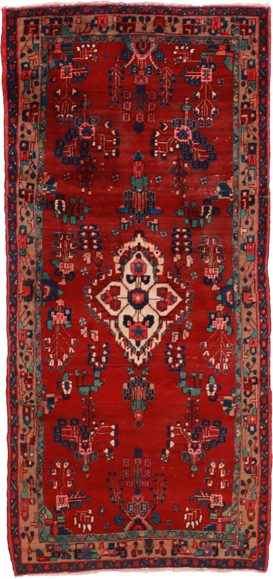 W 4.3 L 9.3 Hamadan Runner 100% Wool Hand-Woven Floral Design - 15736