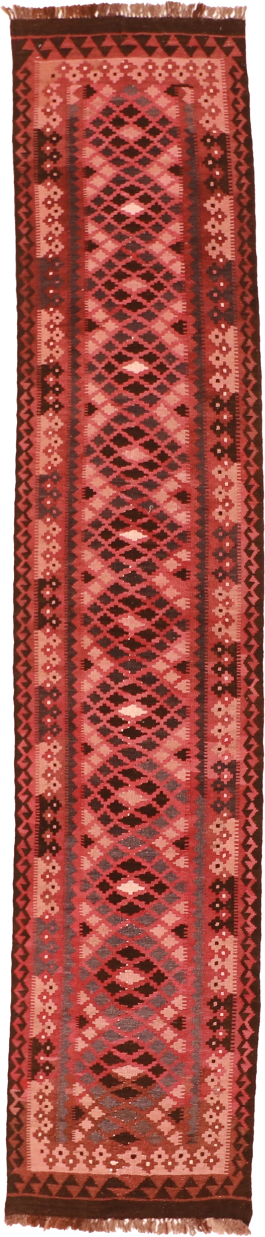W 2.6 L 12.3 Kilim 100% Wool Hand-Woven Geometric Design - 16039